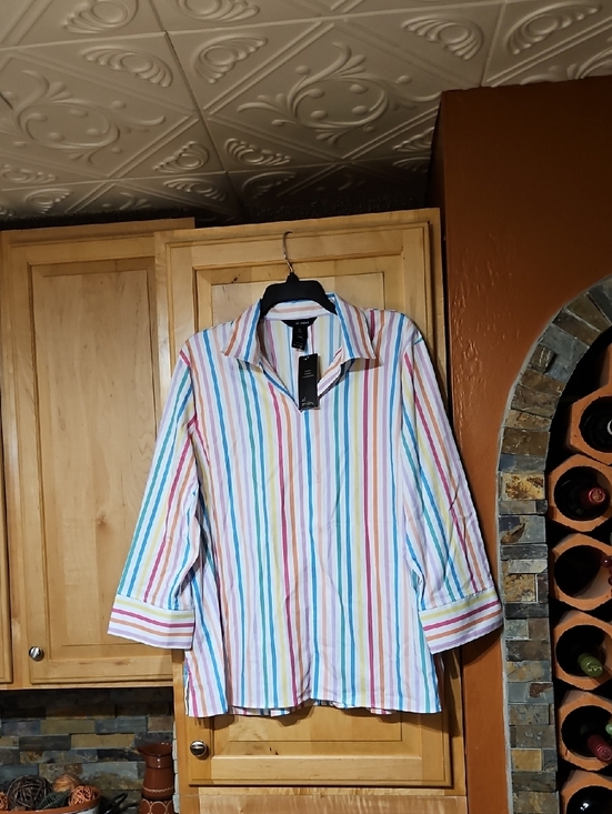 Ali Miles Tops - Ali Miles Blue Pink Rainbow Striped Print 3/4 Sleeve V-Neck Popover Top NWT